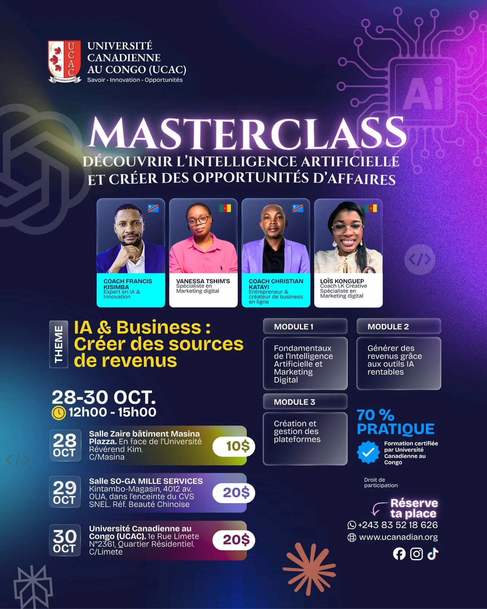 Affiche officielle de la masterclass IA UCAC : intervenants, modules et séances des 28, 29 et 30 octobre 2026. Tous les renseignements figurent aussi en texte sur cette page.